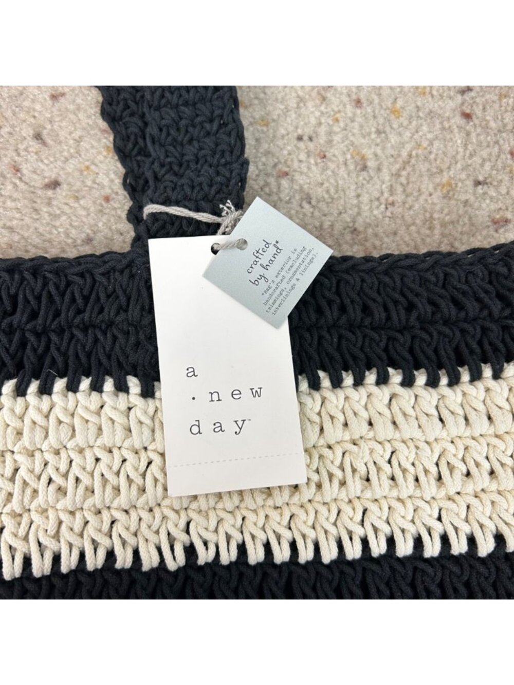 NEW A New Day Hand Crafted Woven Tote Bag Black & Ivory Crochet - Picture 5 of 5